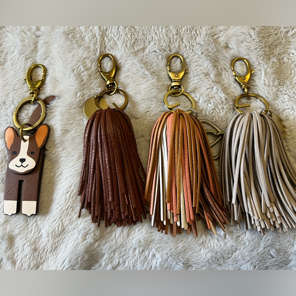 3 Fossil bag charms. Leather. Tassel.